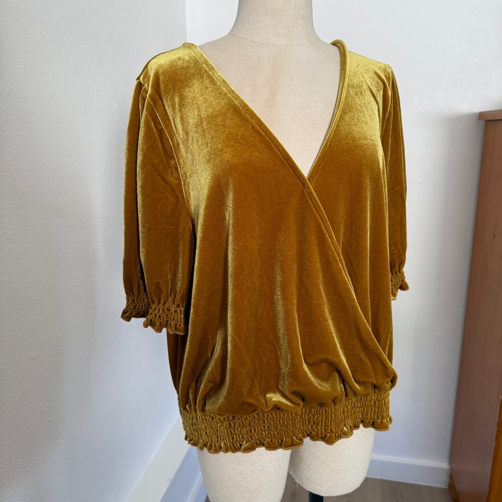 Madewell Velvet Smocked Crossover Top Antique Gold
